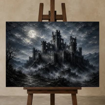 Blue Gray Moonlit Castle Fortress Gothic Wall Art Canvas Print shown in Studio Easel