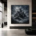 Blue Gray Moonlit Citadel Gothic Wall Art Canvas Print - Image 3