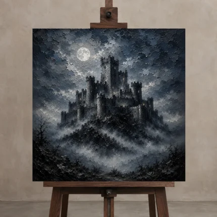 Blue Gray Moonlit Citadel Gothic Wall Art Canvas Print shown in Studio Easel