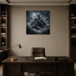 Blue Gray Moonlit Citadel Gothic Wall Art Canvas Print displayed in a contemporary gallery-inspired room