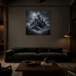 Blue Gray Moonlit Citadel Gothic Wall Art Canvas Print shown in a warm modern interior
