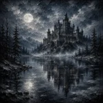 Blue Gray Frozen Lake Moonlit Castle Gothic Wall Art Canvas Print