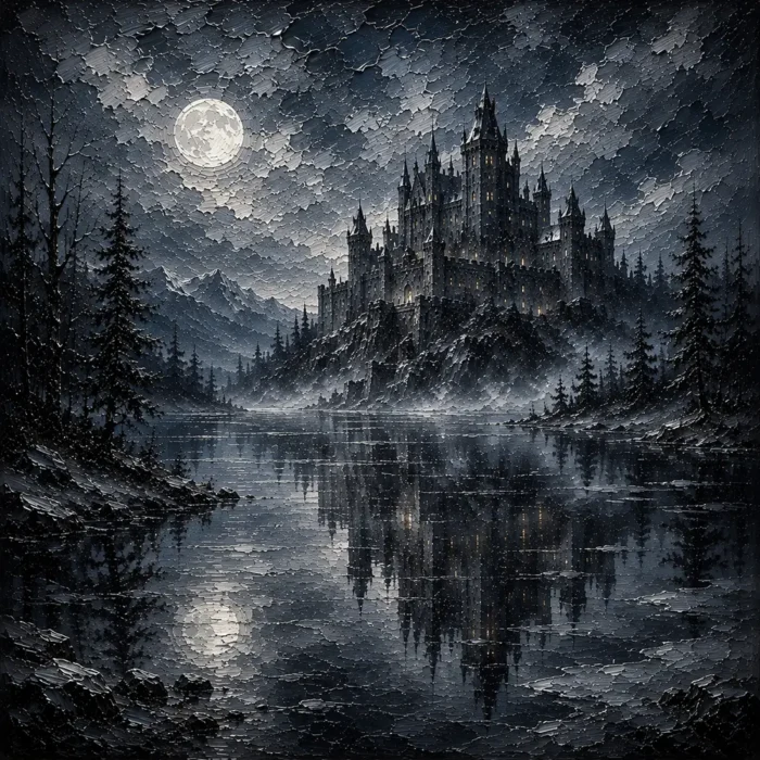 Blue Gray Frozen Lake Moonlit Castle Gothic Wall Art Canvas Print