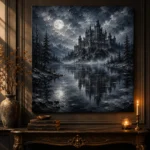 Blue Gray Frozen Lake Moonlit Castle Gothic Wall Art Canvas Print - Image 2