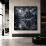 Blue Gray Frozen Lake Moonlit Castle Gothic Wall Art Canvas Print - Image 3