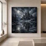 Blue Gray Frozen Lake Moonlit Castle Gothic Wall Art Canvas Print - Image 4