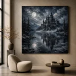Blue Gray Frozen Lake Moonlit Castle Gothic Wall Art Canvas Print - Image 5