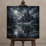 Blue Gray Frozen Lake Moonlit Castle Gothic Wall Art Canvas Print displayed on a studio easel