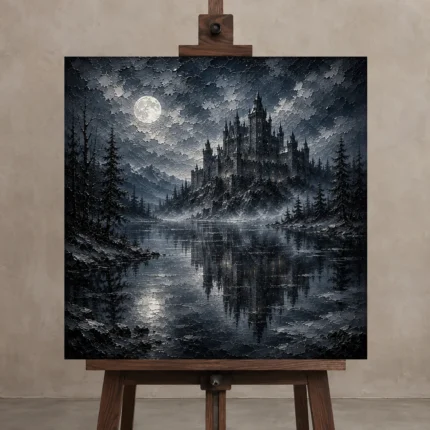 Blue Gray Frozen Lake Moonlit Castle Gothic Wall Art Canvas Print shown in Studio Easel