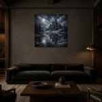 Blue Gray Frozen Lake Moonlit Castle Gothic Wall Art Canvas Print shown in a warm modern interior