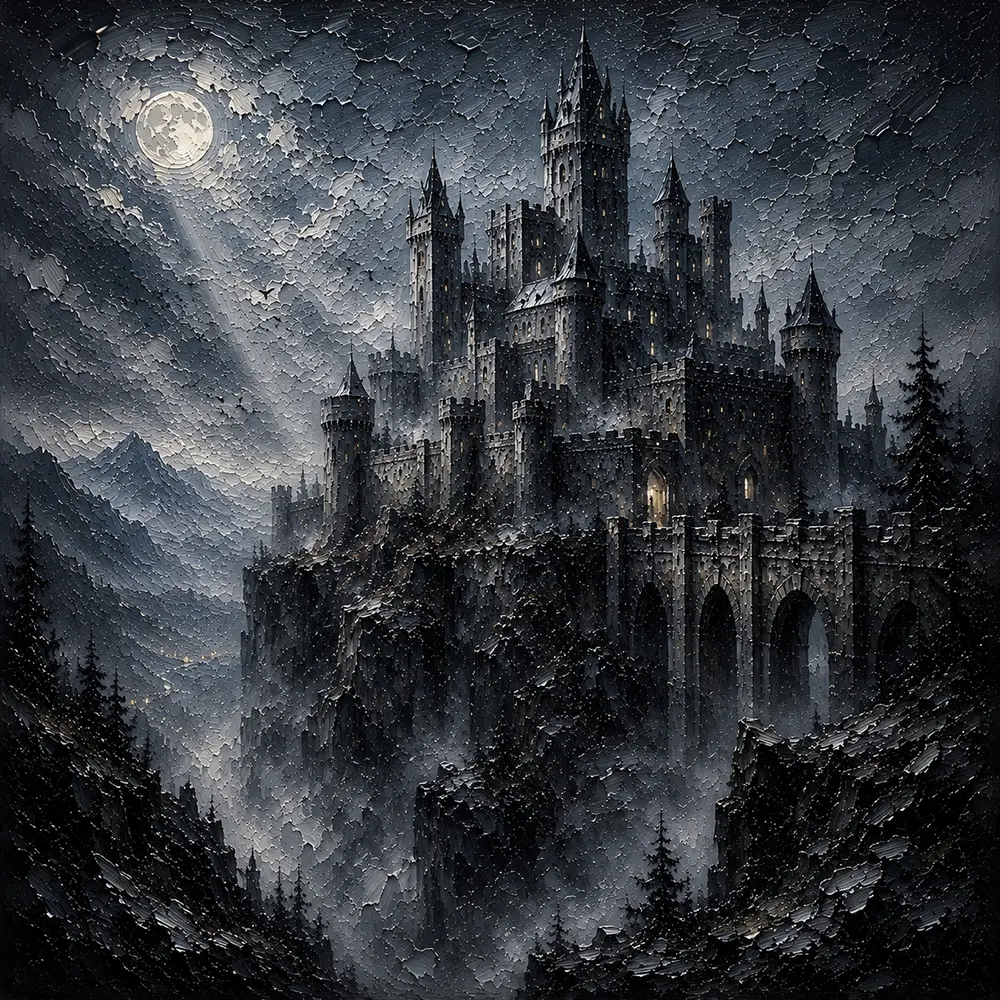 Blue Gray Ravine Moonlit Castle Gothic Wall Art Canvas Print