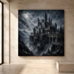 Blue gray cinematic Gothic Wall Art print for elegant interiors. No text or watermarks in design.