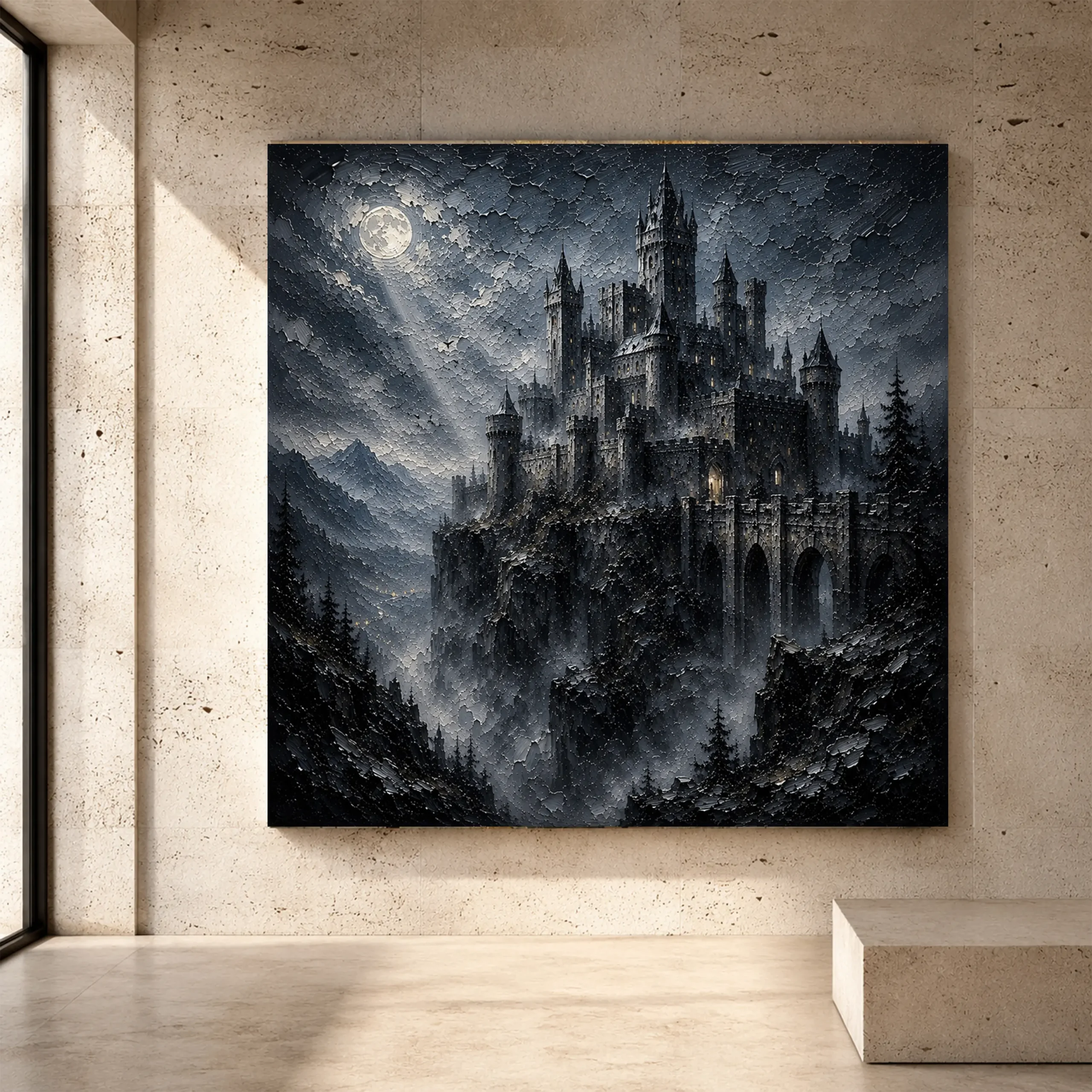Premium Wall Art Kare Html Edition – GOTICWALL078 Image 1 Blue gray cinematic Gothic Wall Art print for elegant interiors. No text or watermarks in design.
