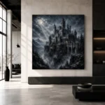 Blue Gray Ravine Moonlit Castle Gothic Wall Art Canvas Print - Image 3