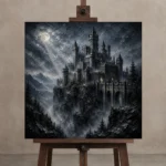 Blue Gray Ravine Moonlit Castle Gothic Wall Art Canvas Print displayed on a studio easel