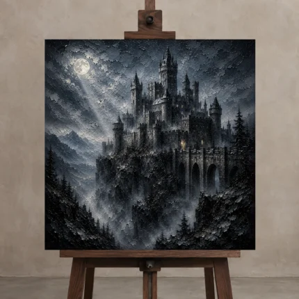 Blue Gray Ravine Moonlit Castle Gothic Wall Art Canvas Print shown in Studio Easel