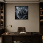 Blue Gray Ravine Moonlit Castle Gothic Wall Art Canvas Print displayed in a contemporary gallery-inspired room