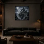 Blue Gray Ravine Moonlit Castle Gothic Wall Art Canvas Print shown in a warm modern interior