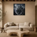 Blue Gray Ravine Moonlit Castle Gothic Wall Art Canvas Print presented in a sophisticated home setting