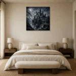 Blue Gray Ravine Moonlit Castle Gothic Wall Art Canvas Print showcased in an elegant minimalist interior