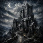 Blue Gray Crescent Moon Castle Gothic Wall Art Canvas Print