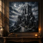 Blue Gray Crescent Moon Castle Gothic Wall Art Canvas Print - Image 2