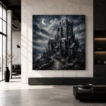 Blue Gray Crescent Moon Castle Gothic Wall Art Canvas Print - Image 3