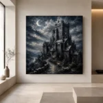 Blue Gray Crescent Moon Castle Gothic Wall Art Canvas Print - Image 4