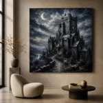 Blue Gray Crescent Moon Castle Gothic Wall Art Canvas Print - Image 5