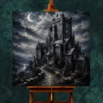 Blue Gray Crescent Moon Castle Gothic Wall Art Canvas Print - Image 11