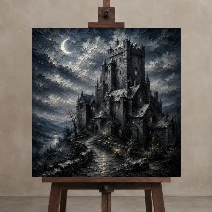 Blue Gray Crescent Moon Castle Gothic Wall Art Canvas Print shown in Studio Easel