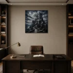 Blue Gray Crescent Moon Castle Gothic Wall Art Canvas Print displayed in a contemporary gallery-inspired room