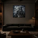 Blue Gray Crescent Moon Castle Gothic Wall Art Canvas Print shown in a warm modern interior