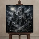 Blue Gray Ruined Castle Gothic Wall Art Canvas Print displayed on a studio easel