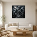 Blue Gray Ruined Castle Gothic Wall Art Canvas Print styled in a refined neutral interior