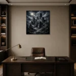 Blue Gray Ruined Castle Gothic Wall Art Canvas Print displayed in a contemporary gallery-inspired room