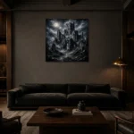 Blue Gray Ruined Castle Gothic Wall Art Canvas Print shown in a warm modern interior