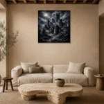 Blue Gray Ruined Castle Gothic Wall Art Canvas Print presented in a sophisticated home setting