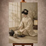Serene ivory and champagne Japanese Geisha Art print for elegant interiors. No text or watermarks in design.