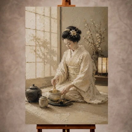 Serene ivory and champagne Japanese Geisha Art print for elegant interiors. No text or watermarks in design.