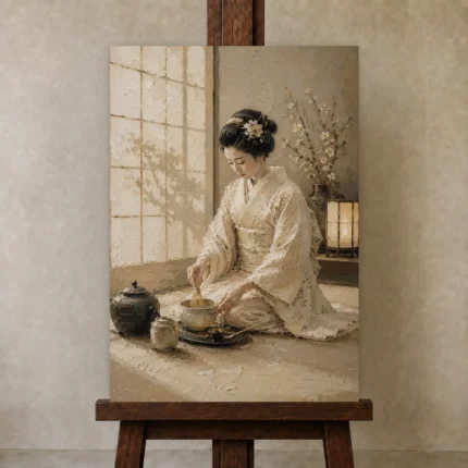 Serene Ivory Kimono Japanese Geisha Art Canvas Print shown in Studio Easel