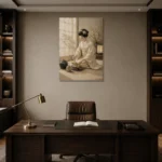 Serene Ivory Kimono Japanese Geisha Art Canvas Print displayed in a contemporary gallery-inspired room