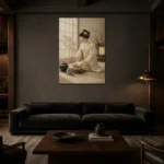 Serene Ivory Kimono Japanese Geisha Art Canvas Print shown in a warm modern interior