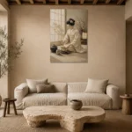 Serene Ivory Kimono Japanese Geisha Art Canvas Print presented in a sophisticated home setting
