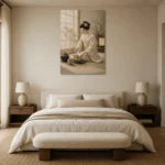 Serene Ivory Kimono Japanese Geisha Art Canvas Print showcased in an elegant minimalist interior
