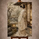 Quiet luxury ivory and muted gold Japanese Geisha Art print for elegant interiors. No text or watermarks in design.