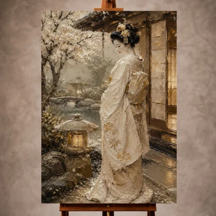 Quiet luxury ivory and muted gold Japanese Geisha Art print for elegant interiors. No text or watermarks in design.