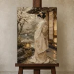 Quiet Luxury Ivory Kimono Japanese Geisha Art Canvas Print displayed on a studio easel