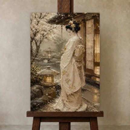 Quiet Luxury Ivory Kimono Japanese Geisha Art Canvas Print shown in Studio Easel