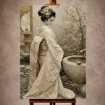 Serene ivory and taupe Japanese Geisha Art print for elegant interiors. No text or watermarks in design.